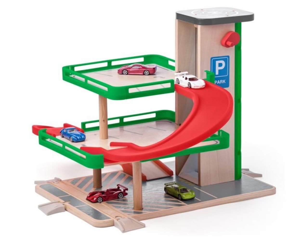Parkhaus aus mit Spielzeugautos Holz